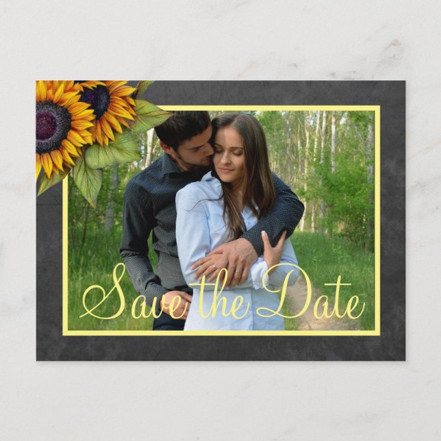 Rustic chalkboard sunflowers save date wedding announcement postcard (Front)