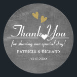 Rustic Chalkboard Thank You Wedding Favor Classic Round Sticker<br><div class="desc">Simple and rustic chalkboard wedding stickers with  thank you typography  and golden hearts.Personalize with bride and groom names and wedding date.</div>