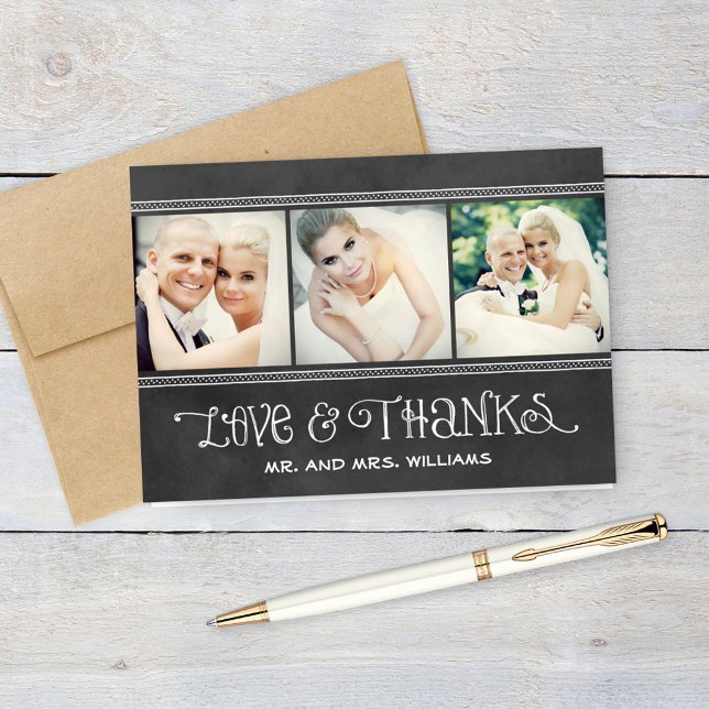 Rustic Chalkboard Three Photo Monogram Wedding Letterpress Thank You Card (Creator Uploaded)