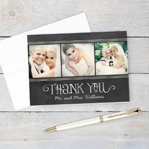 Rustic Chalkboard Three Photo Mr and Mrs Wedding Thank You Card
