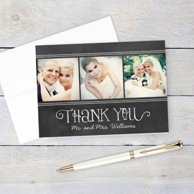Rustic Chalkboard Three Photo Mr and Mrs Wedding Thank You Card (Creator Uploaded)