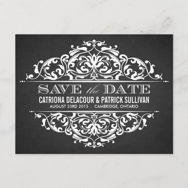 RUSTIC CHALKBOARD VINTAGE SAVE THE DATE POSTCARD (Front)