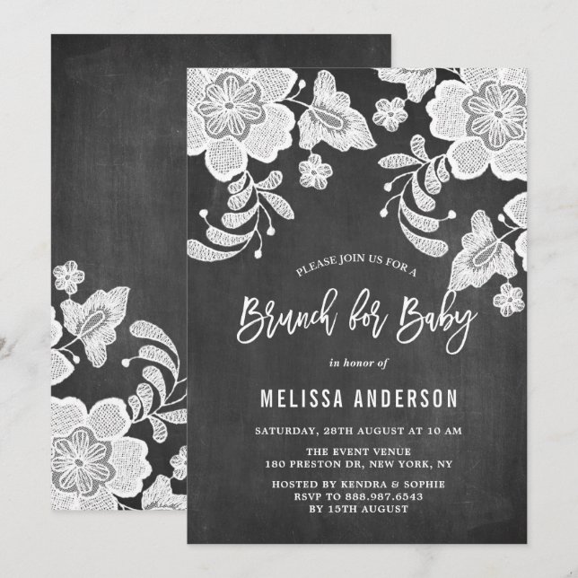 Rustic Chalkboard White Floral Lace Baby Brunch Invitation (Front/Back)