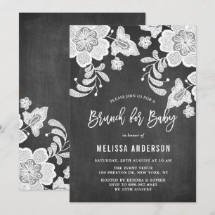 Rustic Chalkboard White Floral Lace Baby Brunch Invitation
