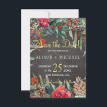 Rustic Chalkboard Winter Floral Christmas Wedding Save The Date<br><div class="desc">Rustic elegant winter wedding stylish save the date template card on dark grey charcoal chalkboard featuring watercolor red and green flowers, winter botanicals, pine cones, and foliage. Personalize with your details! The invitation is suitable for elegant winter rustic country | mountains resort or cottage | floral farmhouse style | December...</div>