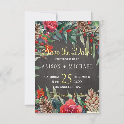 Rustic Chalkboard Winter Floral Christmas Wedding Save The Date