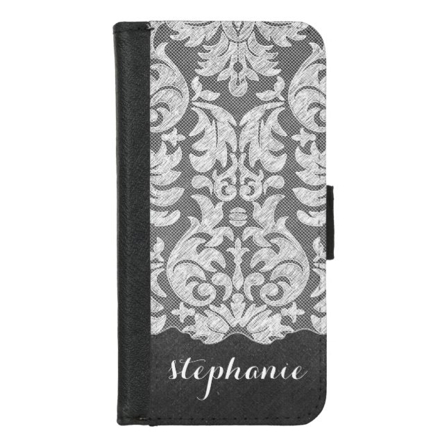 Rustic Chalkboard with Lace Damask Pattern iPhone Wallet Case (Front)