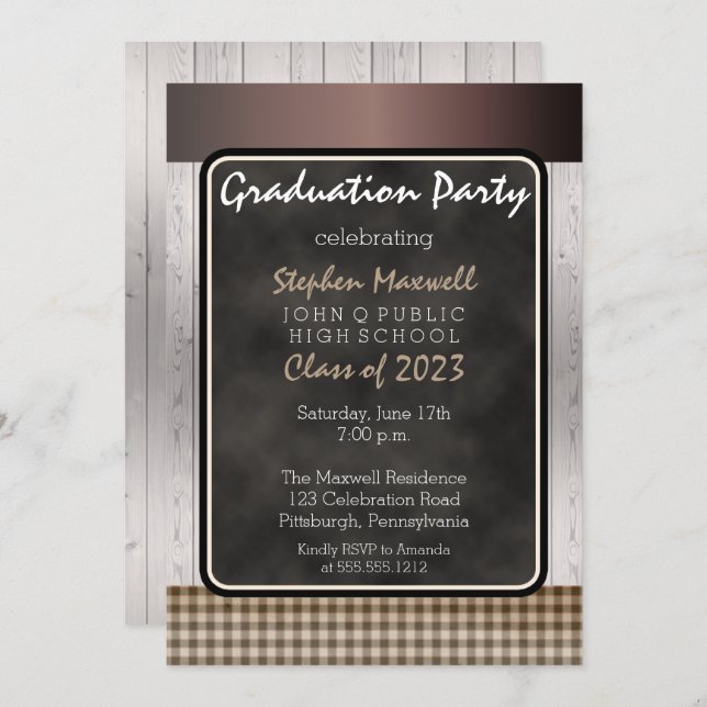 Rustic Chalkboard | Wood Graduation Party Invitation (Front/Back)