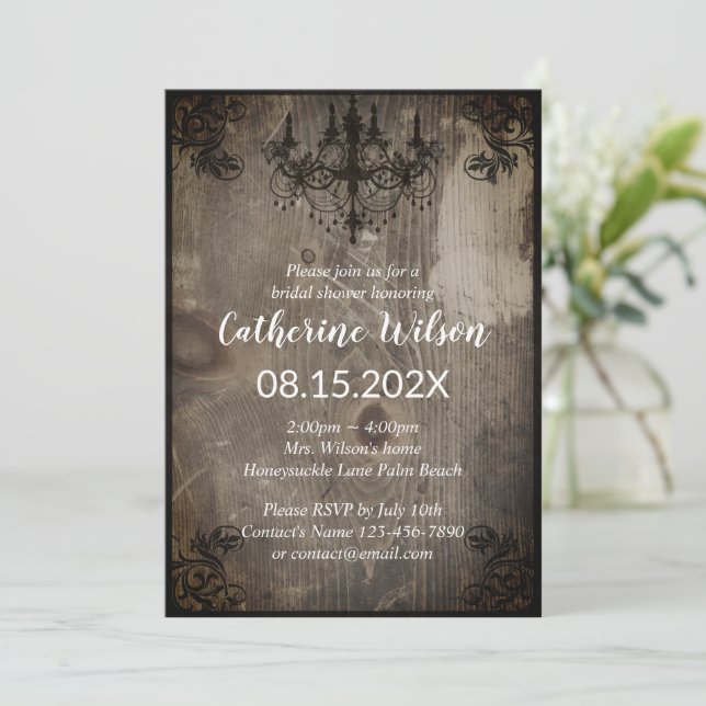Rustic Chandelier Vintage Wood Bridal Shower Invitation (Standing Front)