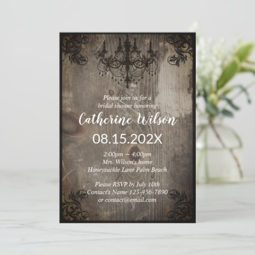 Rustic Chandelier Vintage Wood Bridal Shower Invitation
