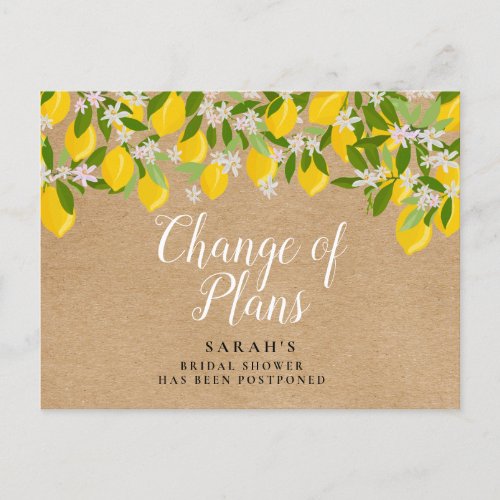 Rustic Change of Plans Lemons Bridal Shower Announcement Postcard
