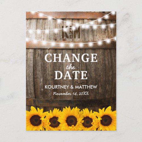 Rustic Change the Date | Event Postponed Announcement Postcard - Sunflower change the date postcard featuring a country oak barrel background, twinkle string lights, golden yellow sunflowers, your monogram and a save the date template. Find other change of plan cards at www.zazzle.com/special_stationery.