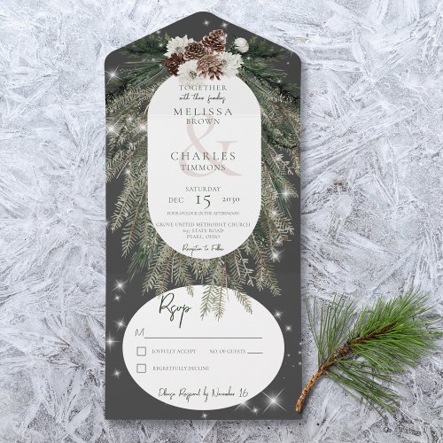 Rustic Charcoal Black Pine Sparkle No Dinner All In One Invitation
