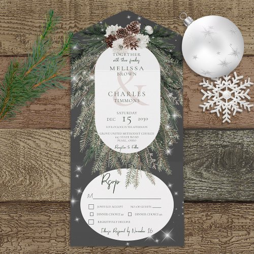 Rustic Charcoal Black Pine Winter Sparkle Dinner All In One Invitation