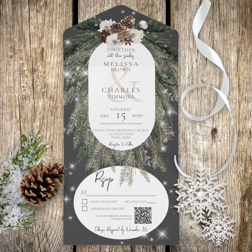 Rustic Charcoal Black Pine Winter Sparkle QR Code All In One Invitation