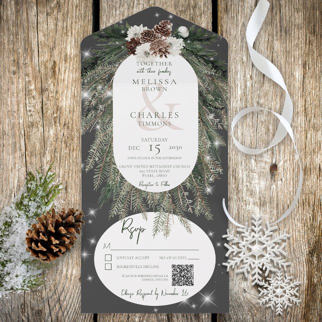 Rustic Charcoal Black Pine Winter Sparkle QR Code All In One Invitation (Also available without a QR code; with or without dinner selection options.)