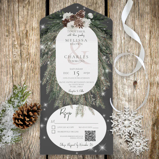 Rustic Charcoal Black Pine Winter Sparkle QR Code All In One Invitation ...