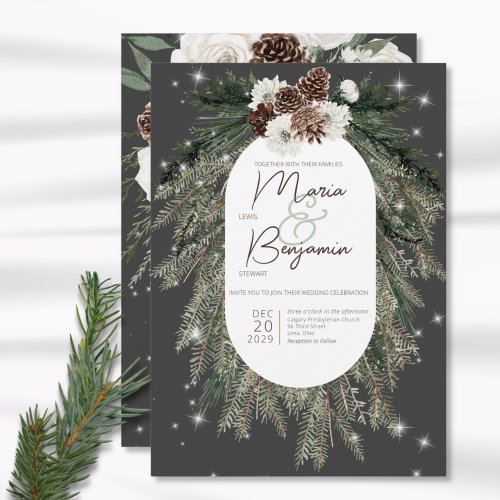 Rustic Charcoal Black Pine Winter Sparkle Wedding Invitation