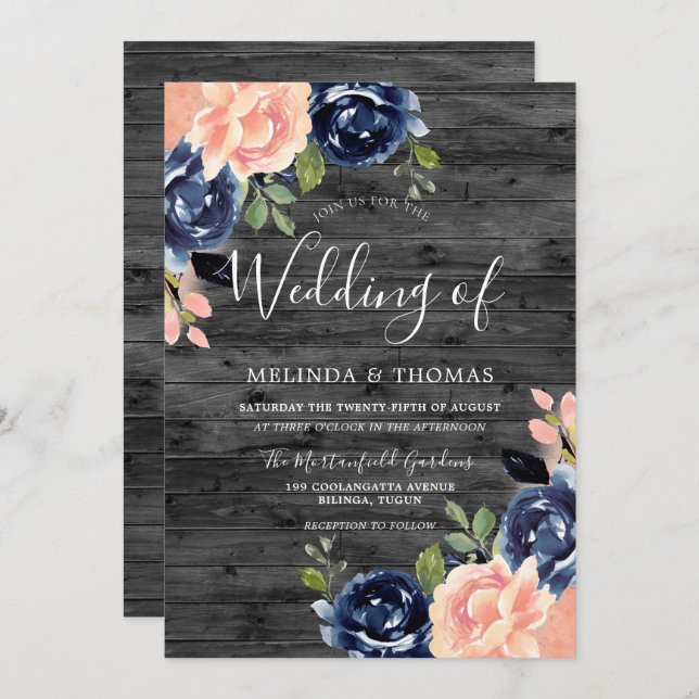 Rustic Charcoal Blush & Navy Blue Flowers Wedding Invitation (Front/Back)