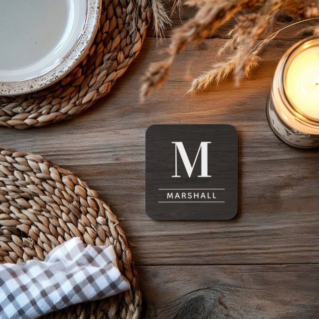 Rustic Charcoal Brown Wood Custom Monogram Initial Beverage Coaster (Creator Uploaded)