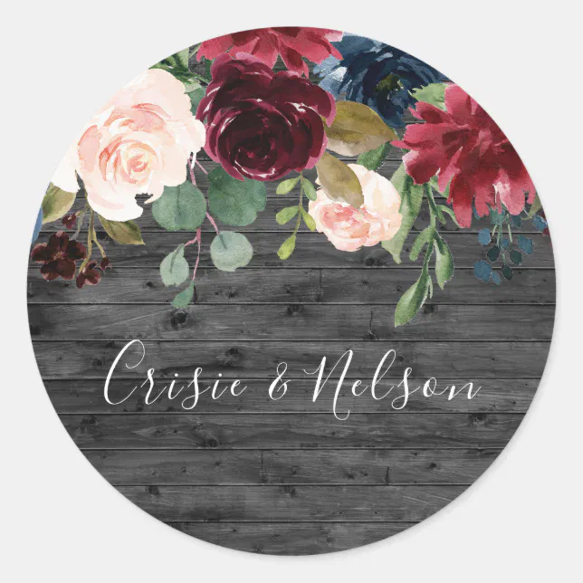 Rustic Charcoal Burgundy Floral Wedding Engagement Classic Round ...