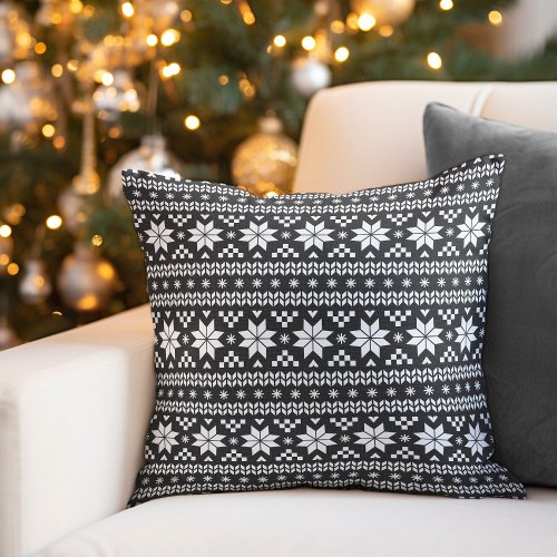 Rustic Charcoal Fair Isle Holiday Throw Pillow