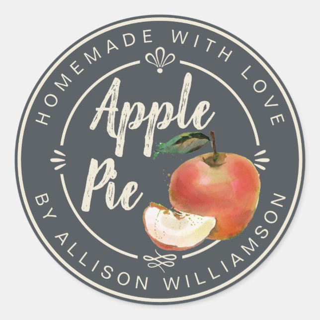 Rustic Charcoal Gray Homemade Apple Pie Classic Round Sticker (Front)