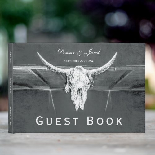 Rustic Charcoal Grey Western Texture Bull Skull Guest Book