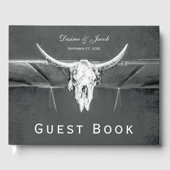 Rustic Charcoal Grey Western Texture Bull Skull Guest Book (Front)