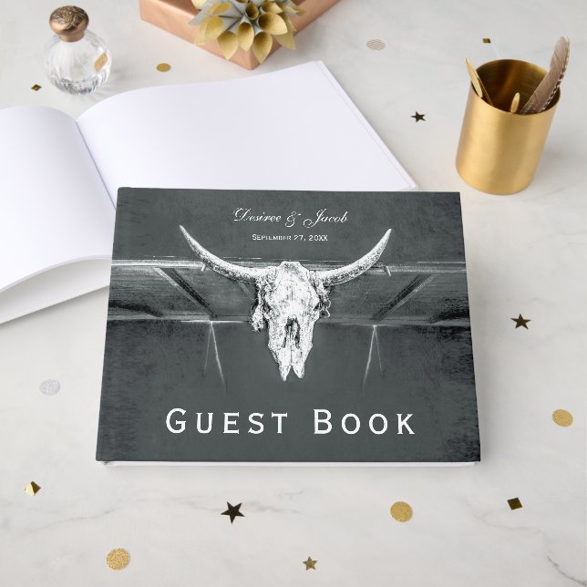 Rustic Charcoal Grey Western Texture Bull Skull Guest Book (Front Open)