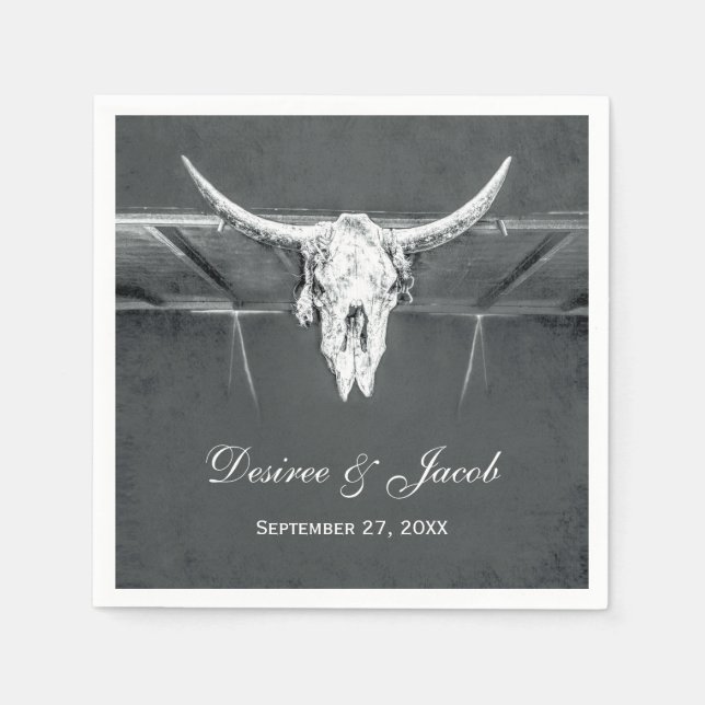Rustic Charcoal Grey Western Texture Bull Skull Napkins (Front)