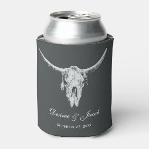 Rustic Charcoal Grey White Western Cow Skull Can Cooler