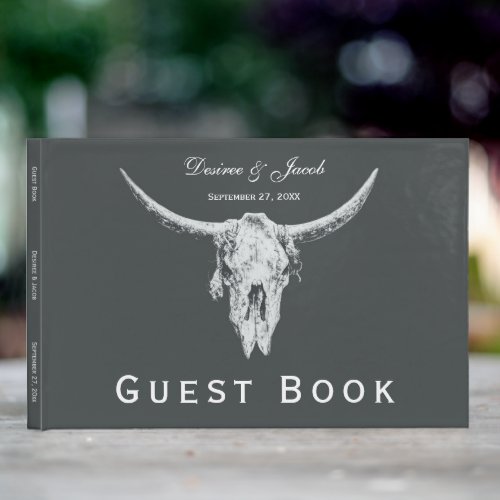 Rustic Charcoal Grey White Western Cow Skull Guest Book