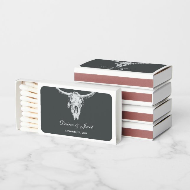 Rustic Charcoal Grey White Western Cow Skull Matchboxes (Stacked)