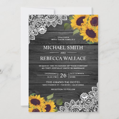 Rustic Charcoal Grey Wood Lace Sunflower Wedding Invitation