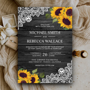Rustic Charcoal Grey Wood Lace Sunflower Wedding Invitation