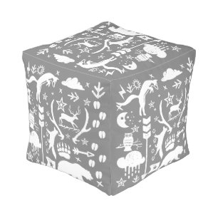 Rustic Charcoal or any color Bear Fox Deer Pattern Pouf
