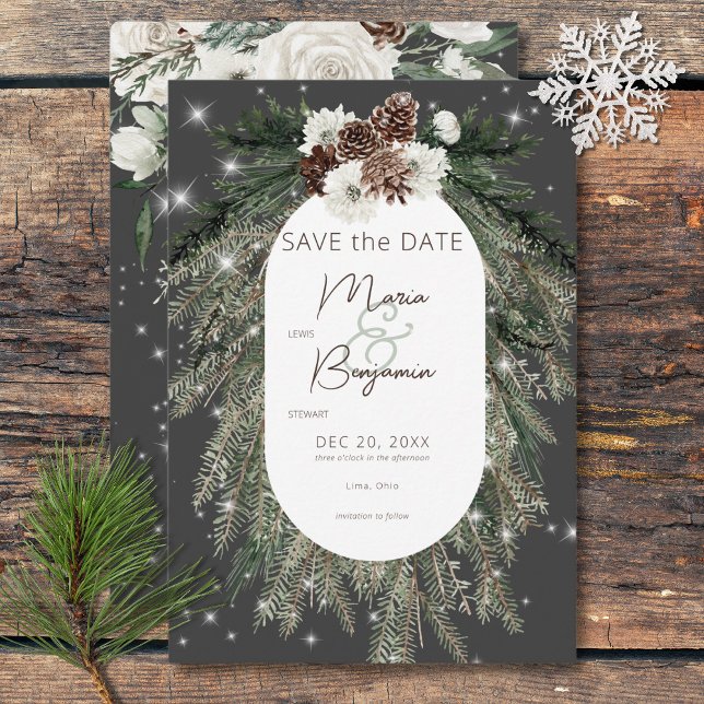 Rustic Charcoal Pine Winter Sparkle Wedding Save The Date (Rustic Charcoal Pine Winter Sparkle Wedding Save The Date)