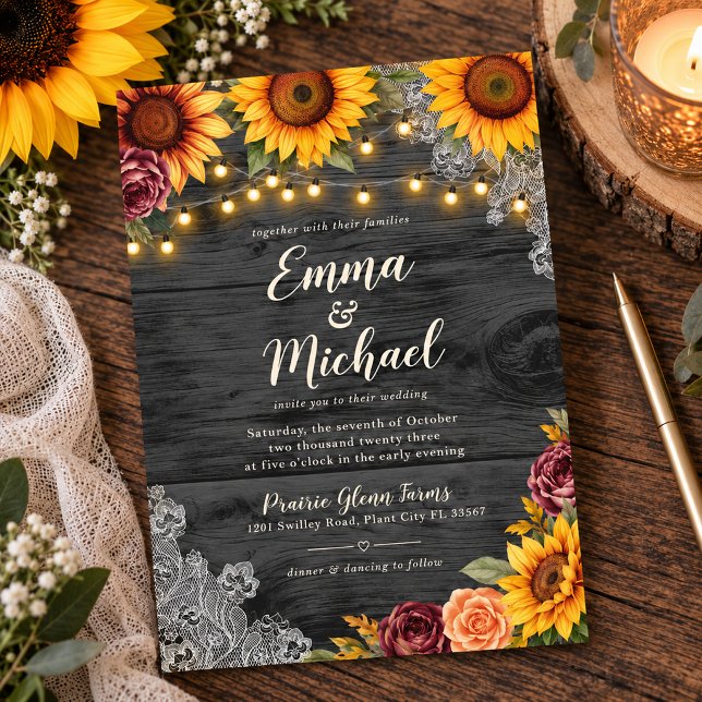 Rustic Charcoal Sunflower String Lights Wedding Invitation (Rustic Sunflower Wedding Invitation)