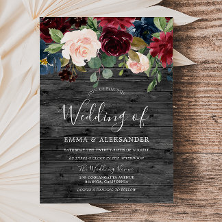 Rustic Charcoal Wood Burgundy Red Wine Wedding Invitation