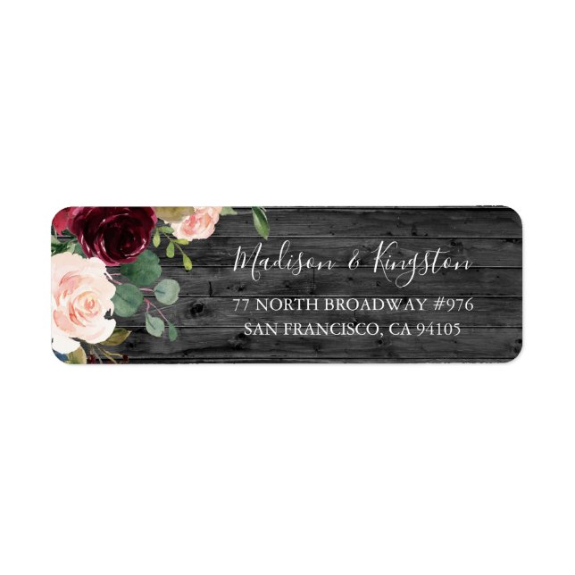 Rustic Charcoal Wood Burgundy Red Wine Wedding Label (Front)