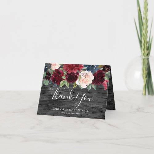 Rustic Charcoal Wood Burgundy Red Wine Wedding Thank You Card