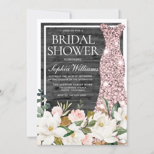 Rustic Charcoal Wood Floral Bridal Shower Dress Invitation