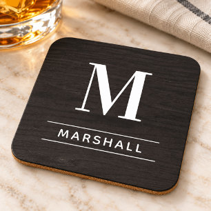 Rustic Charcoal Wood Serif Monogram Name Beverage Coaster