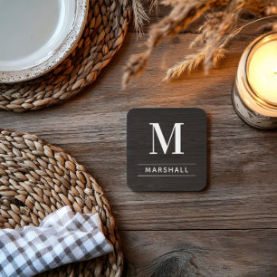 Rustic Charcoal Wood Serif Monogram Name Beverage Coaster