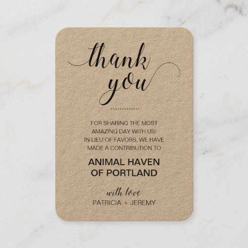 Rustic Charity Donation Thank You Wedding Place Card