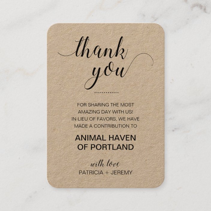 Rustic Charity Donation Thank You Wedding Place Card