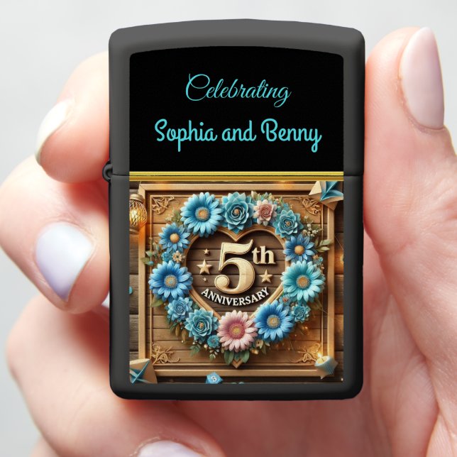 Rustic Charm: 5th Anniversary Floral Elegance Zippo Lighter (In Hand)