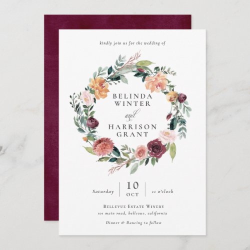 Rustic Charm Burgundy Blush Floral Wreath Wedding Invitation