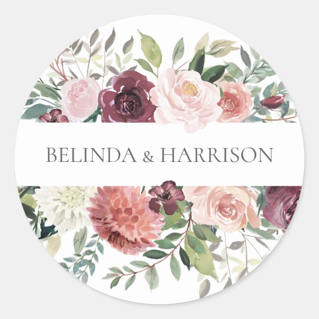 Rustic Charm Burgundy Blush Pink Floral Wedding Classic Round Sticker (Front)